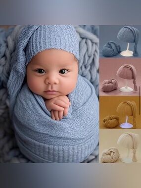Soft Knit Newborn Baby Swaddle and Hat Set for Photos - COLOR WHITE